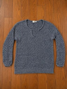 Gap Womens Medium Marled Knit Sweater Blue Gray Split Neck Pullover Top Chunky